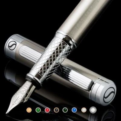 Afbeelding van Scriveiner Vulpen van roestvrij staal, leuke luxe pen met stalen afwerking, Schmidt veer (fijn), beste geschenkdoos voor mannen en vrouwen, professioneel, kantoor, mooi