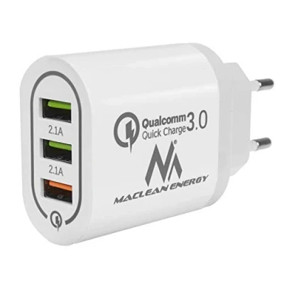 Afbeelding van Maclean Energy MCE479 W Wit Qualcomm Quick Charge QC 3.0 3.6 6VV / 3A, 6 9V 2A, 9 12V 1.5A en 2 stopcontacten 5V 2.1A