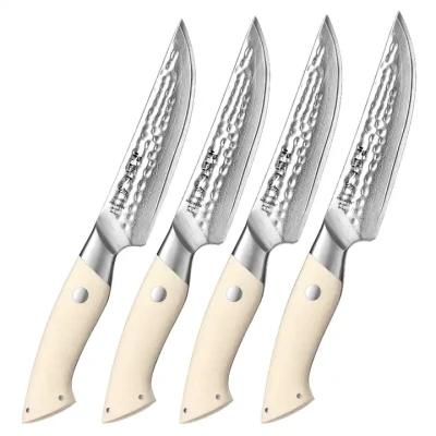 Afbeelding van Damaststalen steakmessenset 4 steakmessen Inclusief luxe giftbox / bewaardoos handvatten van ivoorwit G10 materiaal HEZHEN B38H Series