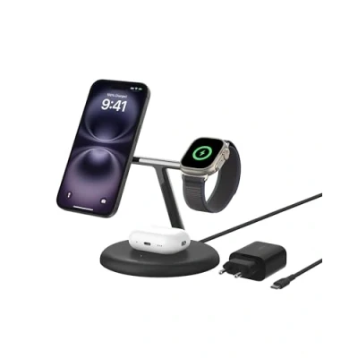 Image de Belkin BoostCharge Pro 3 in 1 Support de chargement sans fil magnétique avec Qi2 + adaptateur secteur 15 Watt Fast Charge noir