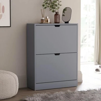 Afbeelding van Vida Designs Schoenenkast met 2 lades, ruimtebesparende opbergkast inklapbare lades voor schoenen, kast gang en woonkamer, FSC 100% gecertificeerd, grijs