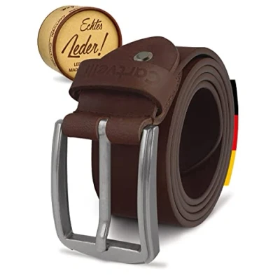 Afbeelding van Cartvelli Vintage leren riem voor heren, 40 mm, gemaakt in Duitsland, met geschenkdoos, zilveren gesp van echt leer Bruin