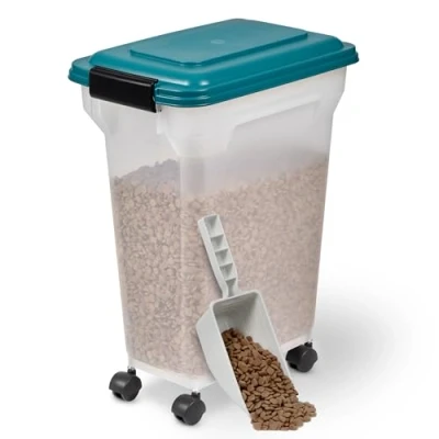 Afbeelding van Iris Ohyama, Droogvoer voor honden, luchtdicht, met wieltjes, 20 l/7,5 kg, blauwgroen, klapdeksel waterdichte afdichting, kunststof, katten, lekkernijen, container droogvoer,