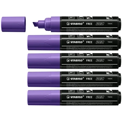 Afbeelding van Stabilo Free Acryl T800C Acrylmarker, 5 kleurmarkers, brede wigvormige punt, paars