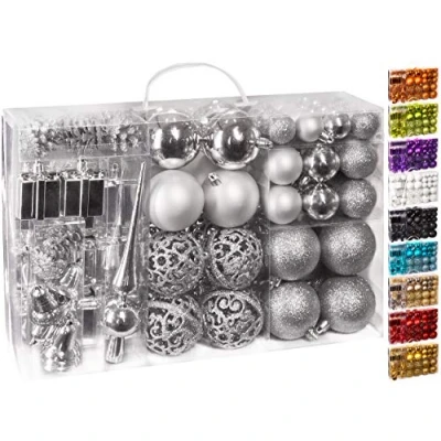 Afbeelding van BRUBAKER Kerstballen Set met Dennenappels, Kerstklokken, Geschenken, Kerstboompiek Kerstboomversiering 101 delen Zilver