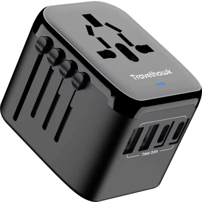 Afbeelding van TravelHawk Universele Wereldstekker met 2 USB C en poorten Reisstekker Internationale voor 150+ landen Amerika (USA) Engeland (UK) Australië Azië Zuid Afrika Wereldstekkers Zwart
