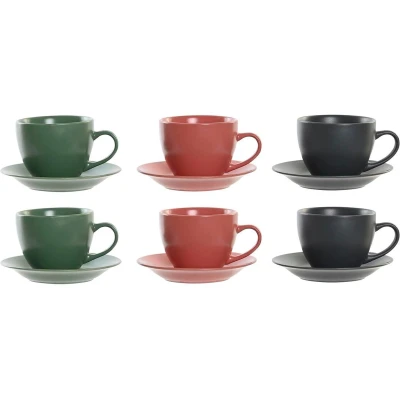 Afbeelding van Set van 6 kopjes met schotel DKD Home Decor Roze Wit Groen Donker grijs Keramiek 150 ml