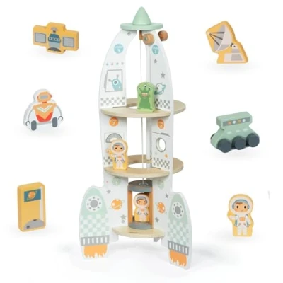 Afbeelding van mamabrum houten ruimteraket speelgoed voor kinderen vanaf 3 jaar, grote raket met lift en accessoires, raketmodel XXL, ruimtespeelgoed jongens meisjes