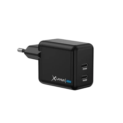 Afbeelding van XLayer Wandlader / Oplader Dual Powercharger 45W USB C PD Adapter Geschikt Voor Apple Iphone &amp; Samsung Zwart