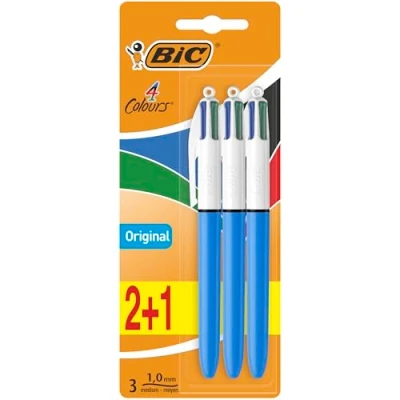 Afbeelding van BIC 4 originele kleuren, intrekbare balpennen medium punt (1,0 mm), NF Milieu gecertificeerd, set van 2 + 1