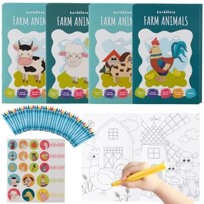 Afbeelding van THE TWIDDLERS 12 Kleurboeken voor Kinderen (A5 Formaat), 48 Krijtjes &amp; Stickervellen Boerderijdieren Bruiloften, Verjaardagen, Uitdeelcadeautjes, Traktaties