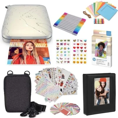 Afbeelding van HP Sprocket Select Draagbare instant printer met 6,3 x 8,5 cm (wit) kit: zinkpapier, 20 stuks, fotoalbum, etui, markers, stickersets.