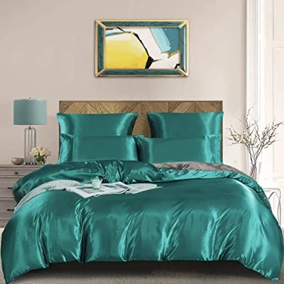 Afbeelding van Damier Omkeerbaar satijnen beddengoed, 220 x 240 cm, met ritssluiting en 2 kussenslopen 80 turquoisegrijs glanzend