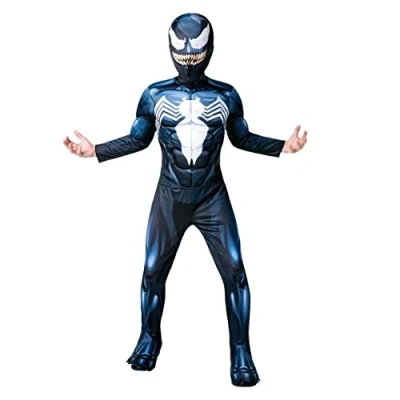 Afbeelding van Rubies Venom Deluxe kinderkostuum, jumpsuit met gespierde borst, laarsbedekking en stoffen masker, officieel Marvel kostuum voor carnaval, Kerstmis, Halloween verjaardag.