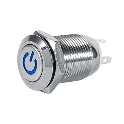 Afbeelding van Keenso Drukknopschakelaar, 12 mm, V, drukknopschakelaar voor auto, led, tijdloos, waterdicht, van vernikkeld messing, met vermogenssymbool (blauw)