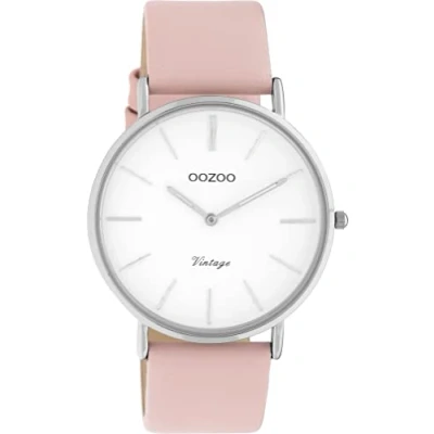 Afbeelding van Oozoo Vintage dameshorloge met leren band van 20 mm, rond analoog dameshorloge, Roze/Zilver, armband, armband