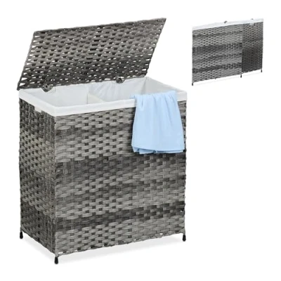 Afbeelding van Relaxdays wasmand met 2 vakken 110 liter rotanlook binnenzak grijs beige