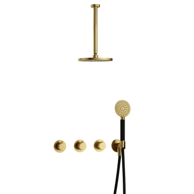 Afbeelding van Hotbath Cobber Regendoucheset IBS70 Geborsteld Messing PVD Ronde handdouche 20cm Hoofddouche 30cm Plafondbuis Handouche met wandhouder