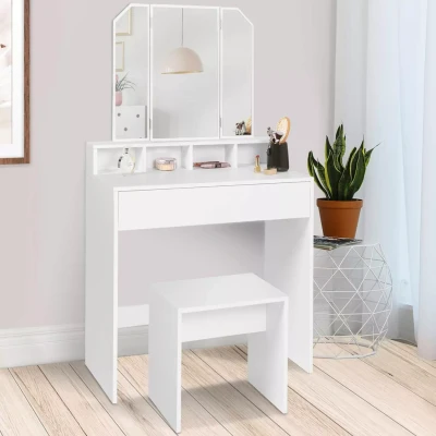 Image de Coiffeuse ZELIA 3 miroirs avec 4 niches, 1 tiroir et tabouret
