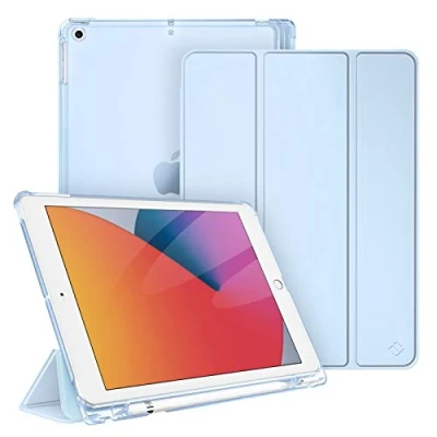 Afbeelding van Fintie Hoes voor iPad 10.2 inch 9e Generatie 2021/ 8e Gen. 2020 / 7e 2019 met Pencil Houder, Ultradun Superlicht Beschermhoes Transparante Achterkant Automatische Slaap waak, Hemelsblauw