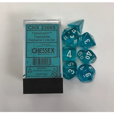 Afbeelding van Chessex Doorschijnend Teal/wit Polydice Dobbelsteen Set (7 stuks)