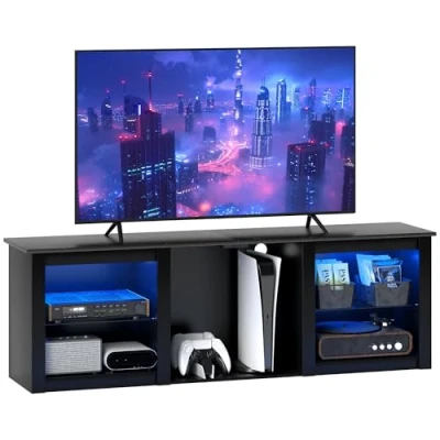 Afbeelding van HOMCOM tv meubel LED RGB hout bank tot 65 inch met verstelbare glazen planken, 5 holtes, kabeldoorvoer en afstandsbediening voor woonkamer, slaapkamer, afmetingen: 160 x 35 cm, zwart