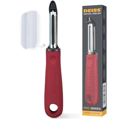 Afbeelding van Deiss PRO Hoogwaardige draaibare groenteschiller van roestvrij staal, scherp met antislip handgreep, aardappeldunschiller voor keuken, fruit, wortelen, appels, groenten (rood)
