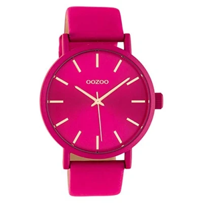 Afbeelding van Oozoo C10448 Dameshorloge met leren armband, 42 mm, effen, fuchsia/roségoud, groot, bandjes, Riemen