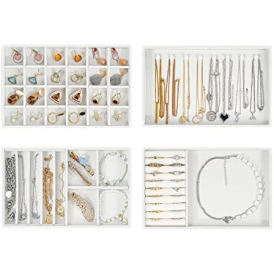 Afbeelding van Procase 4 sieradendienbladen, sieradenopslag, lade, scheidingswand voor sieraden, zonder verlies of beschadiging, met 8 haken en 35 vakken samen, wit