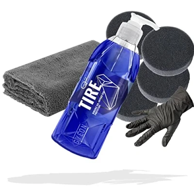 Afbeelding van detailmate GYEON Q² Tire Bandenverzorgingsset 400 ml + Edgeless Superfleece 550 g/m² 40 x cm grijs applicatorpad, antraciet, Ø 90/22 mm rubberen handschoenen latexvrij nitril