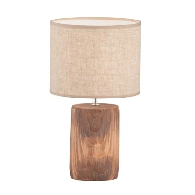 Afbeelding van Fischer &amp; Honsel Malik 50742 Tafellamp houtkleur met structuur stoffen lampenkap binnen wit zandkleur hoogte 43 cm diameter 24 1x E27 max. 40 W niet inbegrepen