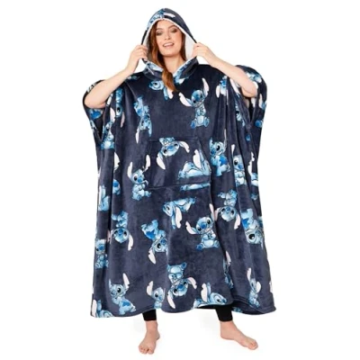 Afbeelding van Disney Trui voor dames, Stitch, plaid met mouwen, fleece, sweatshirt, poncho, oversized, lang, één maat, volwassenen, tieners, Blauw