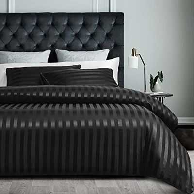 Afbeelding van Damier Beddengoed 200 x cm, zwart satijn, gestreept, glad, glanzend, hoogwaardig, dekbedovertrek met verborgen ritssluiting en 2 kussenslopen 80 cm