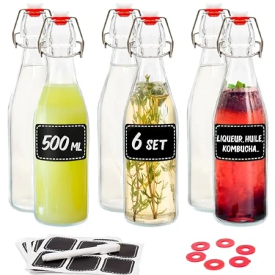 Afbeelding van 6 glazen flessen met beugelsluiting, 500 ml, extra afdichtingen en 12 etiketten pen