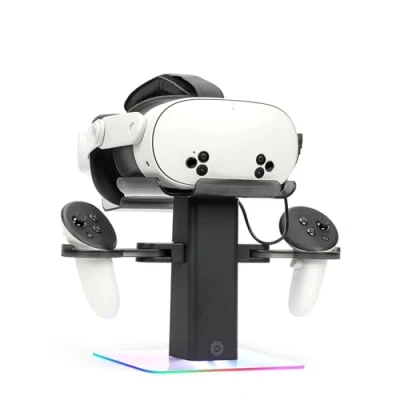 Afbeelding van Growalleter Oplaadstation voor Oculus/Meta Quest 3S/Quest 3/Quest 2/Quest Pro, RGB LED licht, verticale oplaadstandaard en controllerhouder, alleen opladen VR hoofdtelefoon (zwart)