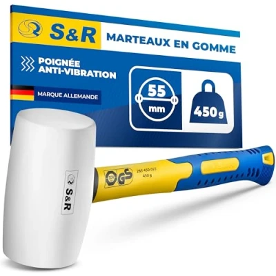 Afbeelding van S&amp;R Witte rubberen hamer/hamer, diameter 55 mm, 450 g. Anti rebound gum hamers. Glasvezelhandvat.