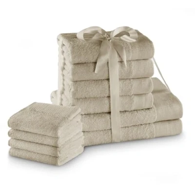 Afbeelding van AmeliaHome Beige Handdoekenset 4 gastendoekjes 30 x 50 cm, handdoeken 100 cm en 2 badhanddoeken 70 140 100% katoen van hoge kwaliteit, absorberend, cappuccino amari