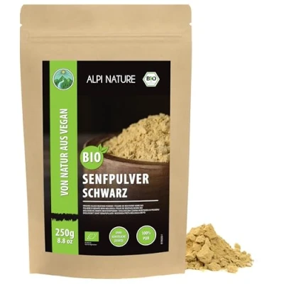 Afbeelding van biologische mosterdpoeder zwart bruin (250 g), biologisch mosterdmeel, gemalen mosterdpitten van teelt, 100% natuurlijk mosterdpoeder,