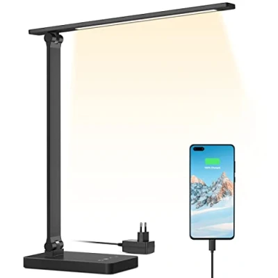 Afbeelding van Lepro led bureaulamp, 15 W, met aparte USB poort, dimbaar, 96 leds, 655 lm, verstelbare voet, modern, aanraakbediening, anti verblinding, voor lezen, werk, manicure, naaien, zwart