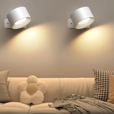 Afbeelding van Mexllex Set van 2 wandlampen voor binnen, slaapkamer, met USB opladen, 3 kleuren, helderheidsniveaus, led wandlamp, 360 graden draaibaar, touch bediening, draadloos (wit)