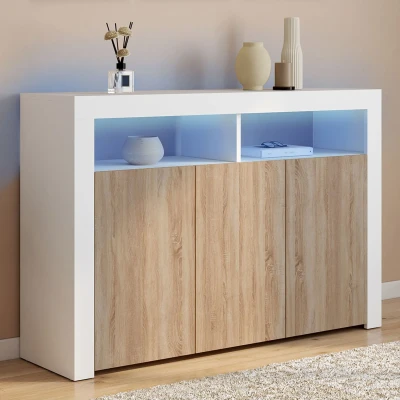 Image de Buffet 110 cm ELIGHT 3 portes avec LED et niches blanc bois façon hêtre IDMarket