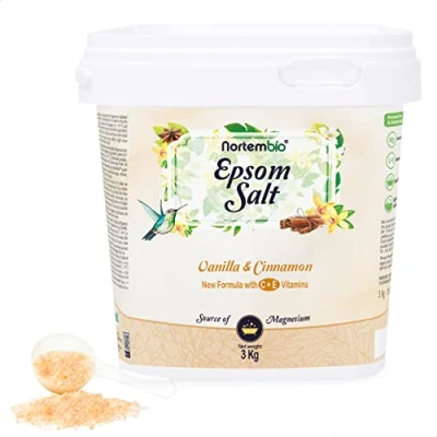 Afbeelding van Nortembio Epsomzout 3 kg. Badzout Vanille en kaneelaroma. Magnesiumsulfaat gehydrateerd met vitamine C E. spierontspanning, aromatherapie goede nachtrust. E book inbegrepen.