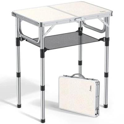 Afbeelding van Anbte Campingtafel, opvouwbaar, camping, met netto opslag, picknicktafel, draagbaar, 3 hoogtes, van aluminium + MDF, voor binnen en buiten, strand, picknick