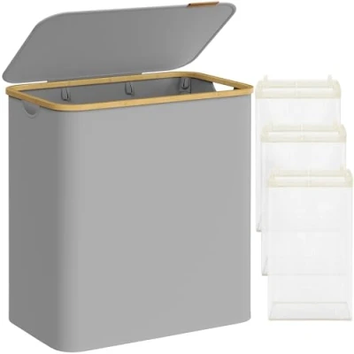 Afbeelding van SONGMICS Wasmand met deksel 3 vakken, 150 l, afneembare zak, Oxford stof, handgrepen van bamboe, opvouwbaar, 60 x 38,5 70,5 cm, duifgrijs LCB515G01