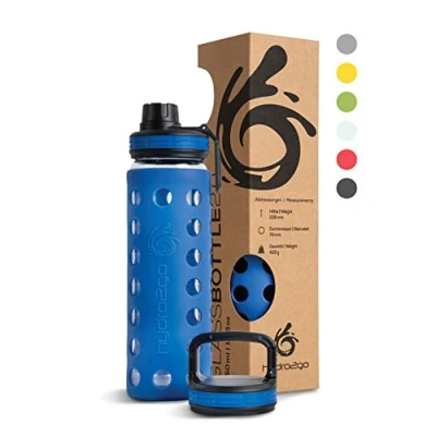 Afbeelding van Hydro2Go® Drinkfles van glas met siliconen deksel, 550 ml, vaatwasmachinebestendig, 2 verwisselbare deksels, 100% lekvrij