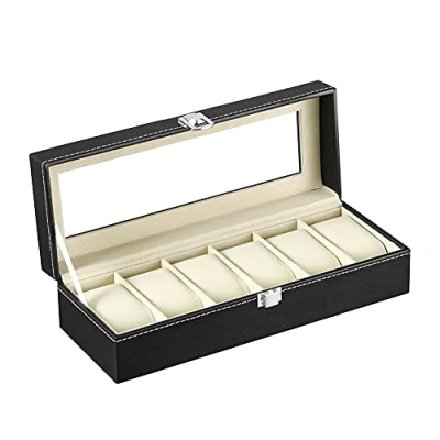 Afbeelding van LINGFANSTORE Horlogedoos voor 6 horloges, met glazen venster, opslag van kunstleer en fluweel, horloges sieraden (zwart W04B)