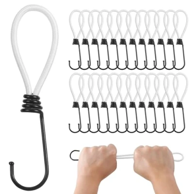Afbeelding van PRETEX Bungeekoorden met haken Set van 25 stuks x 13 cm universele koordriemen en bevestigingen Heavy Duty bungees perfect voor kamperen, bagage dekzeil wit koord, zwarte haak