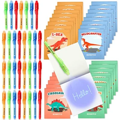 Afbeelding van BONNYCO Onzichtbare inktpennen en notitieboek, verpakking met 32 dinosaurussen, kleine cadeaus voor jongens meisjes, cadeau verjaardag, kinderen speelgoed, piñata, dinosaurus
