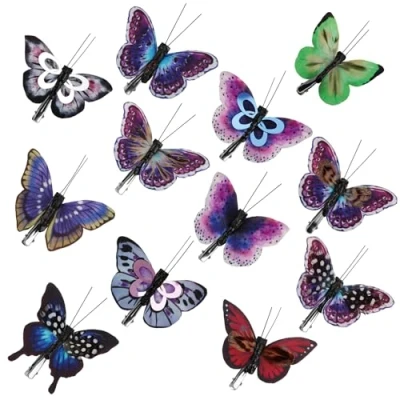 Afbeelding van COM FOUR® 12 x vlinders voor decoratie Kunstmatige drijvende dieren met bevestigingsclip Kleurrijke tafeldecoratie Clip on herfstflyers (12 stuks 08 cm)