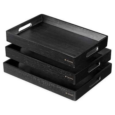 Afbeelding van Navaris set 3x bamboe dienblad Houten dienbladen rechthoek in 3 maten Voor het serveren van koffie, thee, gebak en hapjes Zwart